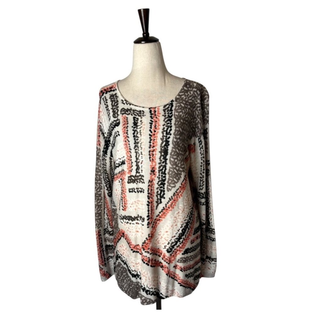 Nic+Zoe Sweater Women Large Ivory Linen Blend Knit‎ Geometric Femme Sleeve Artsy